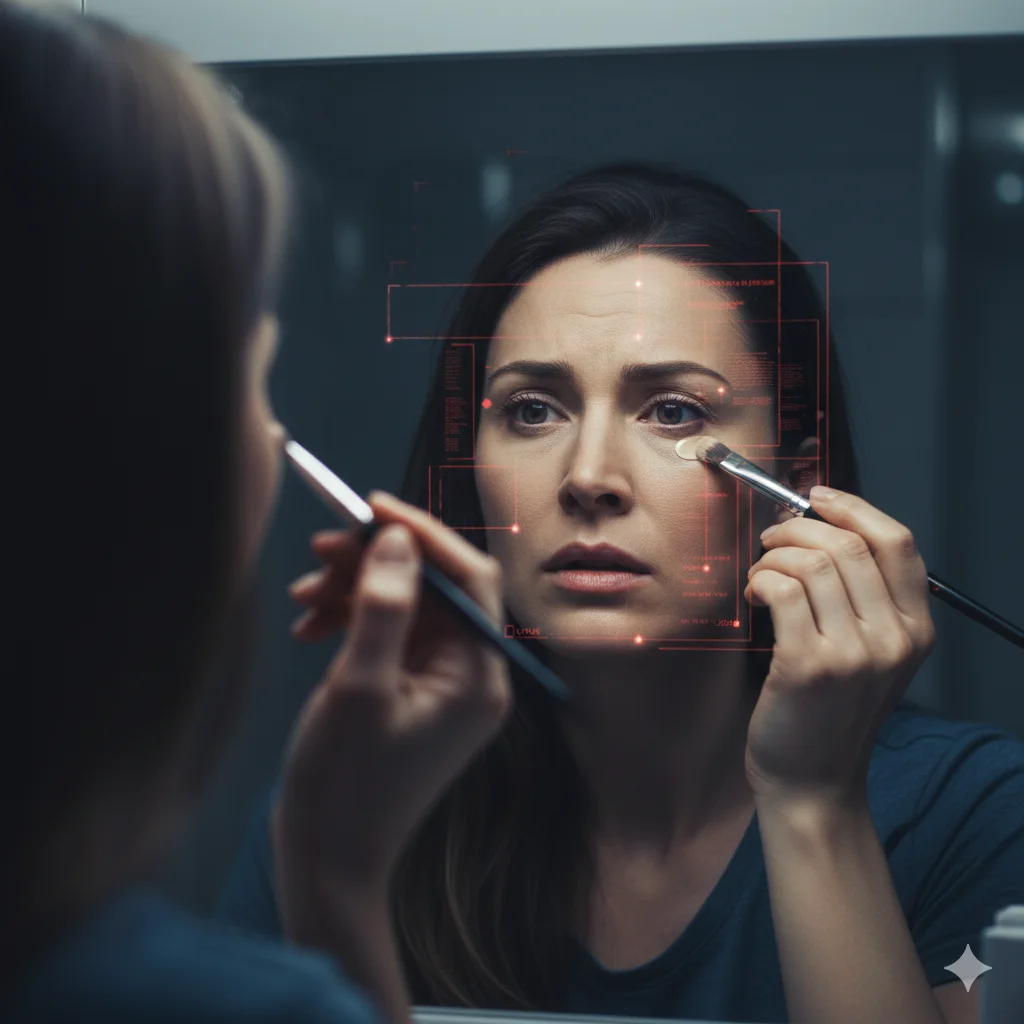 A woman looking stressed and self-conscious while applying makeup or looking closely in a mirror.