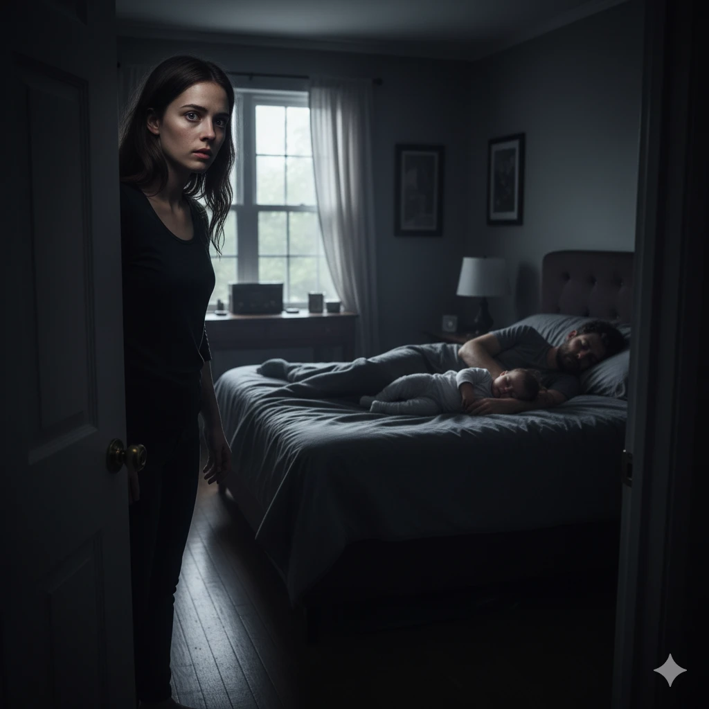 A woman standing frozen in the doorway of a dark bedroom, seeing a baby in her bed next to her sleeping husband.