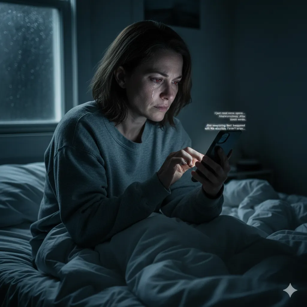 A woman sitting in bed looking emotionally distraught while sending a text message on her phone, symbolizing emotional withdrawal.