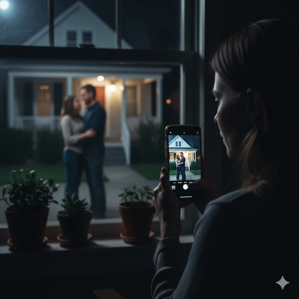 A distraught woman watching through a window at night, illuminated by the cold light of a screen or phone.