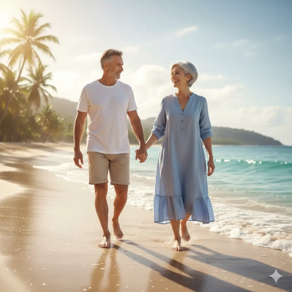 A happy, smiling woman and a kind, attentive man walking hand-in-hand barefoot on a sunny beach.