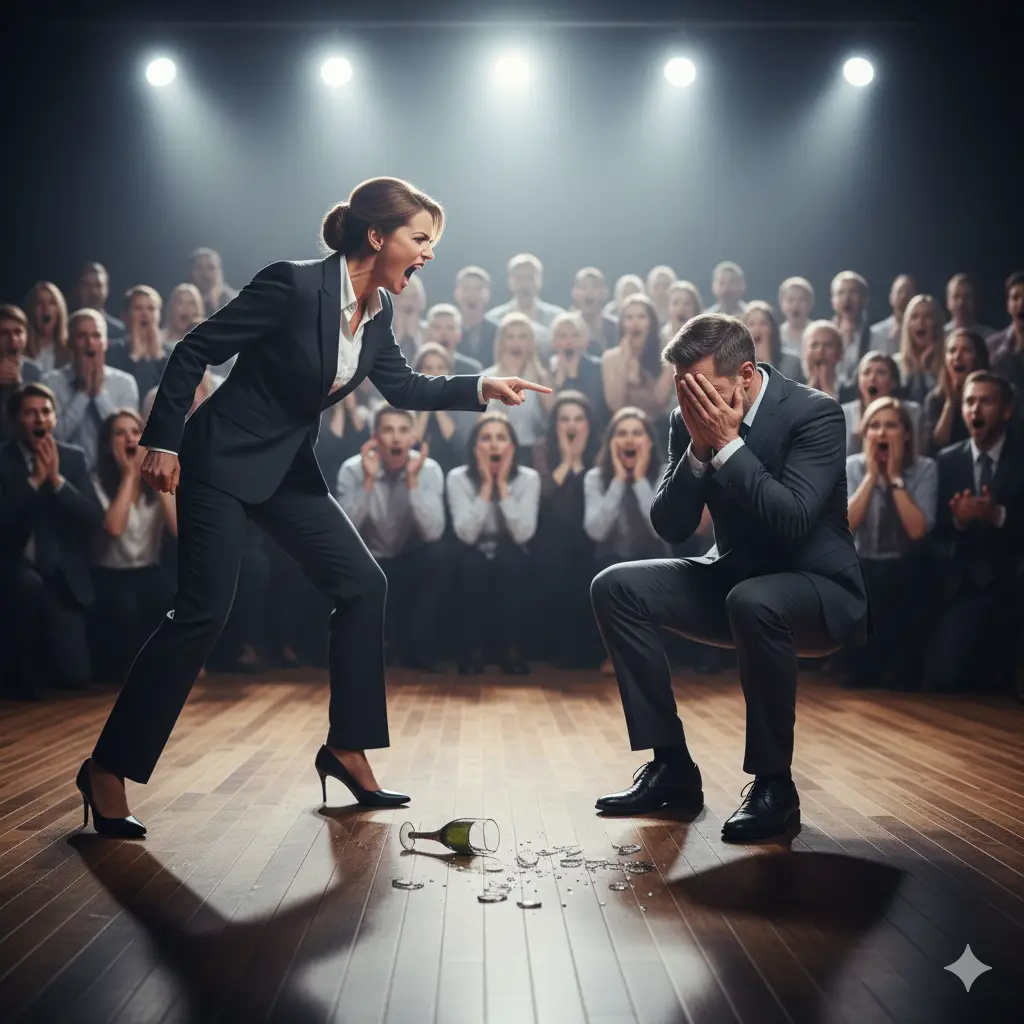 Wife dramatically confronting her husband on a stage during a presentation
