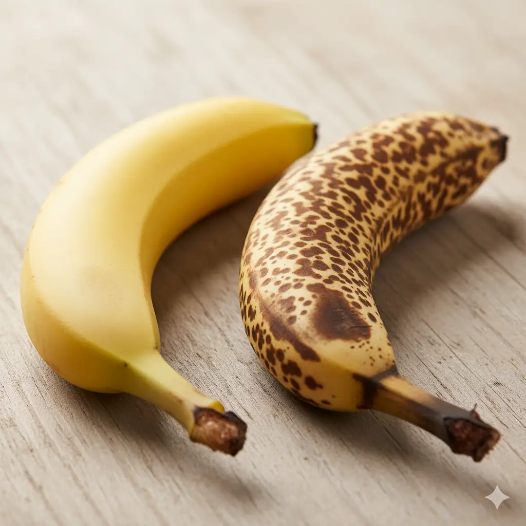 A comparison photo showing a firm yellow banana next to a soft, brown-spotted banana.