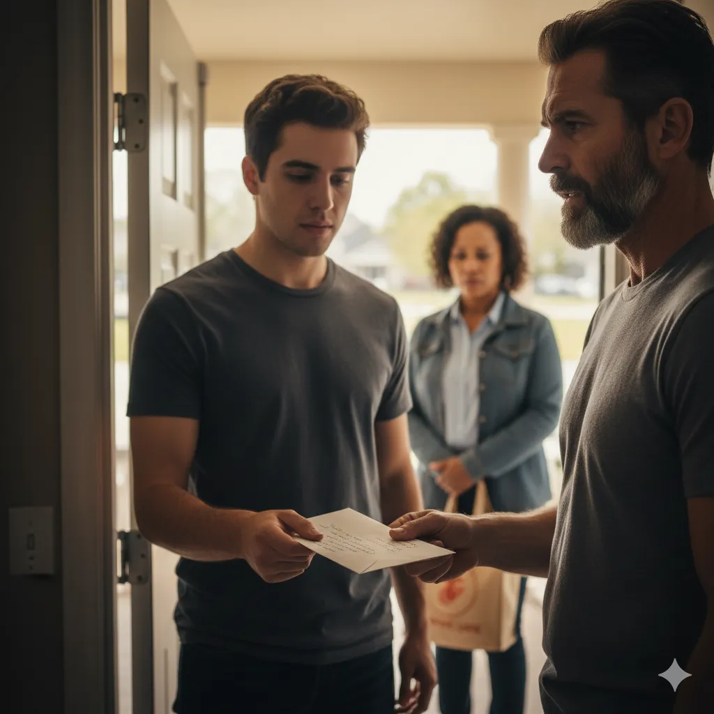 A young man with an envelope apologizing to an older man with a graying beard at the front door