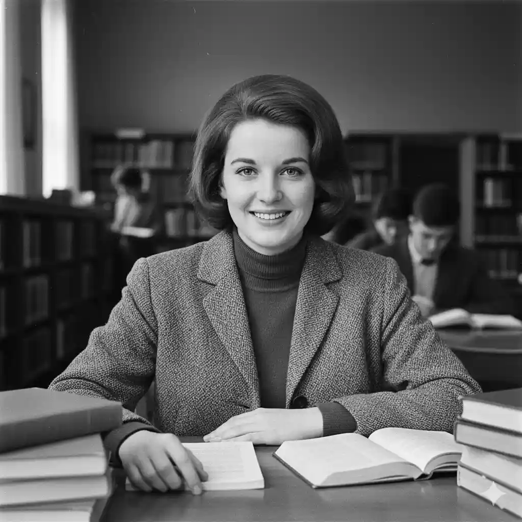 A black and white photo of a young, smiling Neilia Hunter, reflecting her intelligence and grace in a college setting