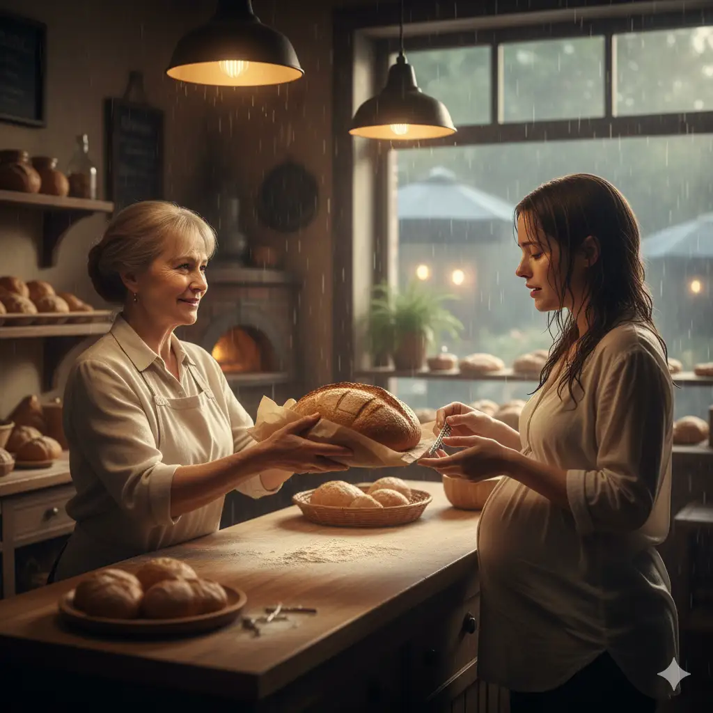 A compassionate bakery worker handing a warm loaf of bread to a young, pregnant woman in the rain