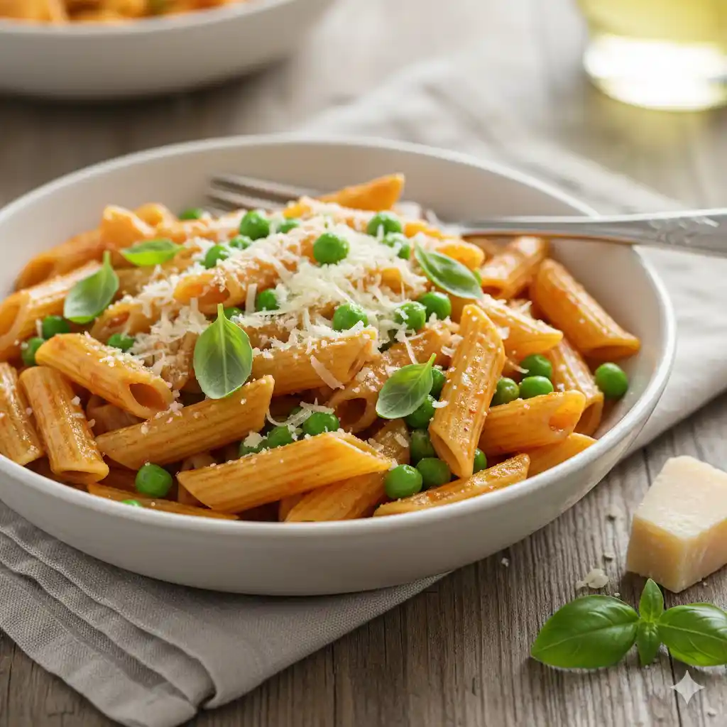 A warm bowl of tomato-garlic pasta with peas, Parmesan, and basil