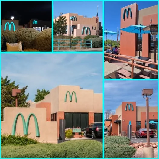 A photograph of the McDonald's restaurant in Sedona, Arizona, featuring the unique turquoise blue arches against the red rock mountains.