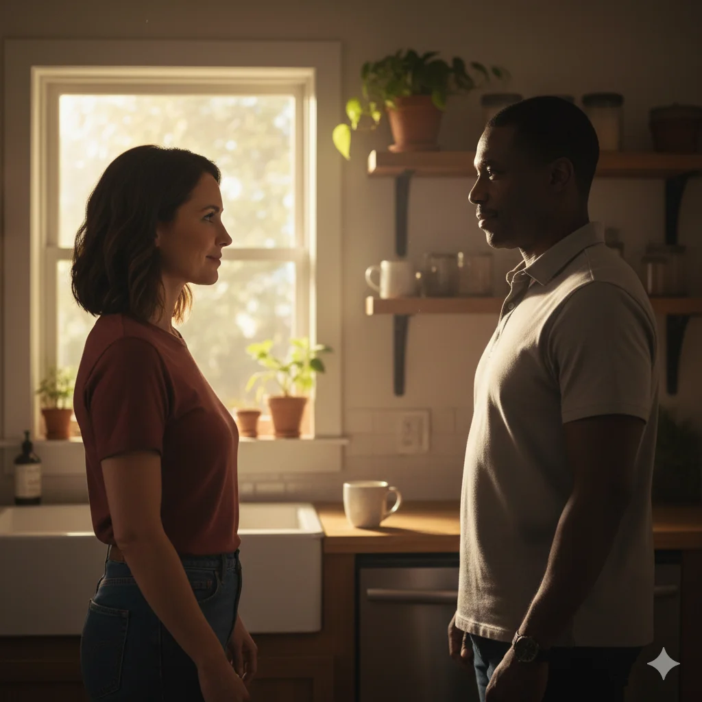 A warm kitchen moment where two adults share an unexpected, calm connection.