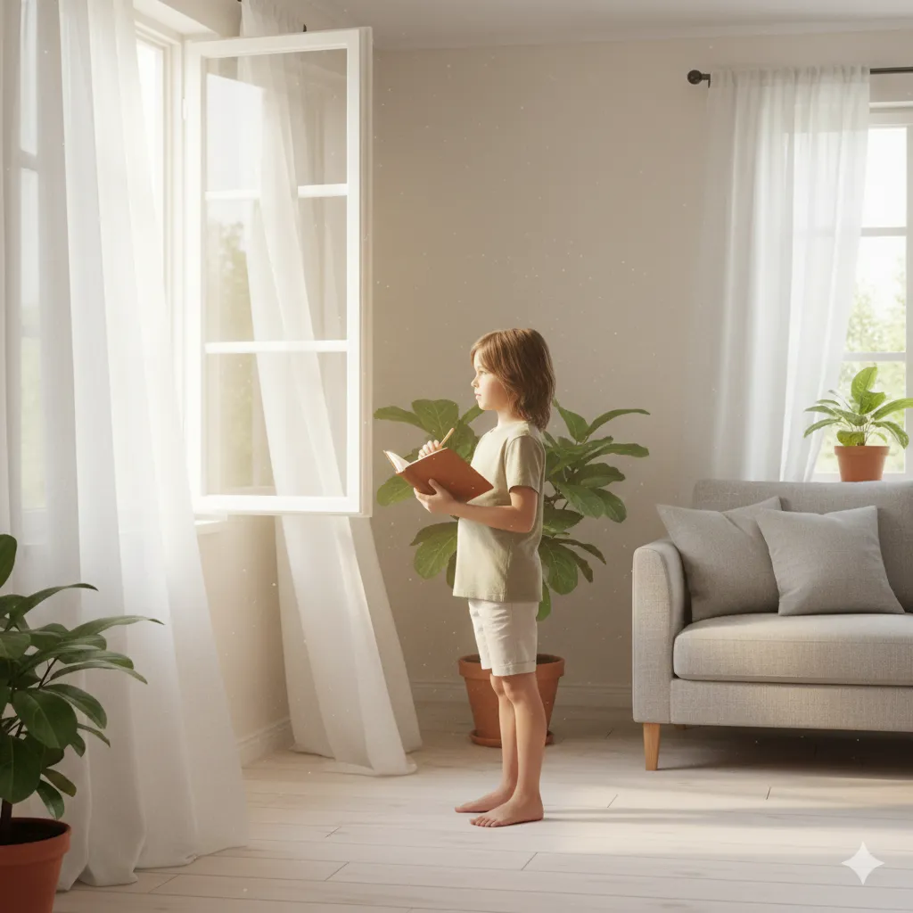 A bright, peaceful living room scene symbolizing a fresh start and a safe home.