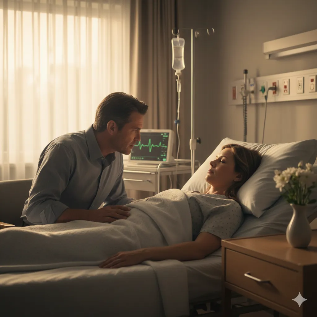 A quiet hospital room where a man leans toward a patient in bed, speaking softly.