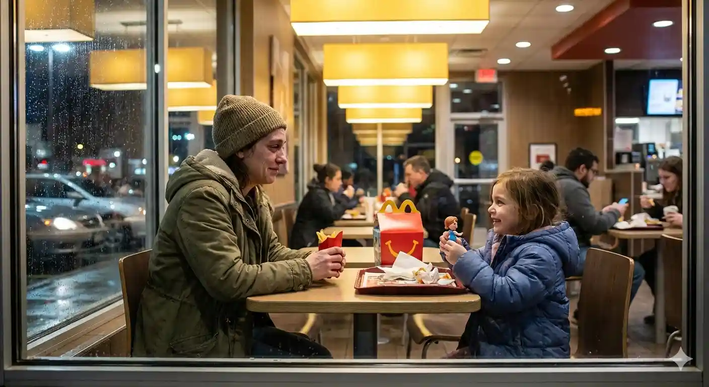A tired mother and her daughter sitting at a small table in a McDonald’s at night, with a Happy Meal box and toy.