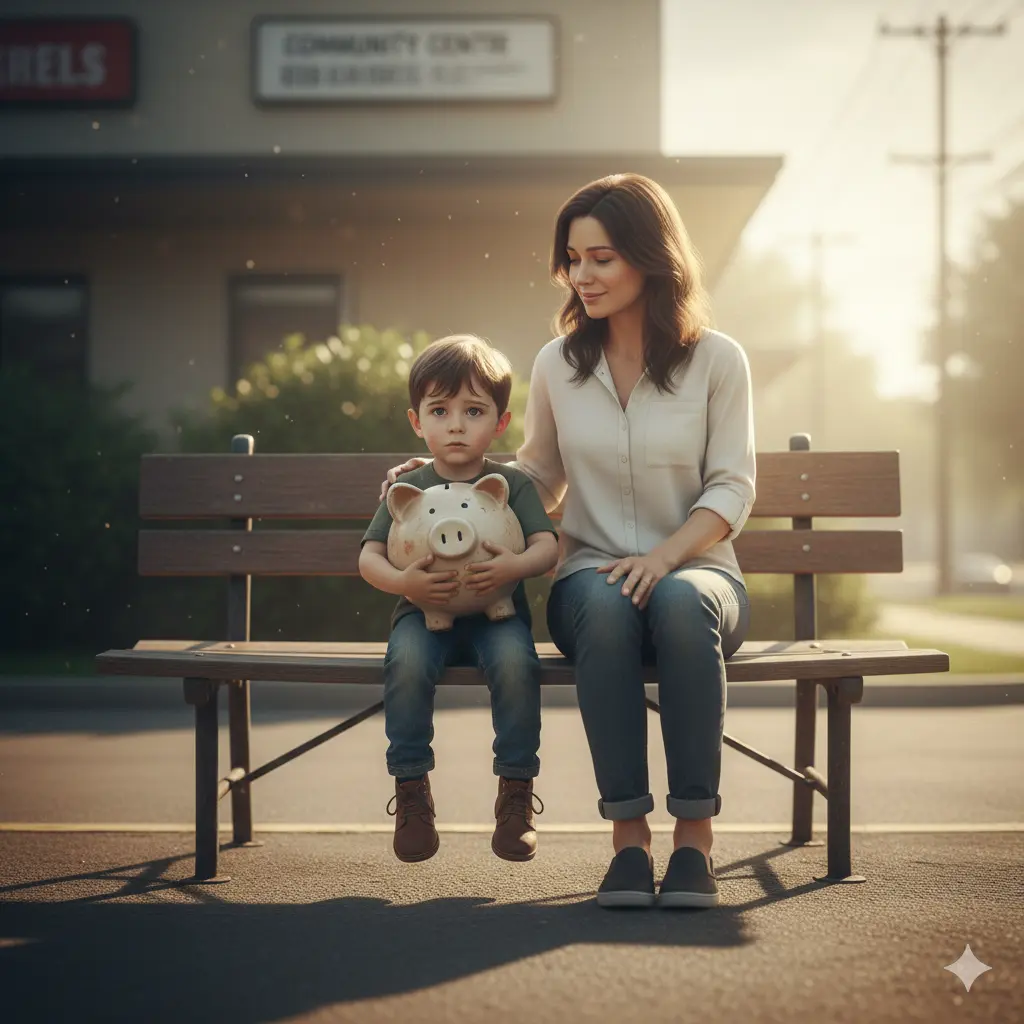A mother and young boy sitting together calmly, suggesting safety, support, and a new beginning.
