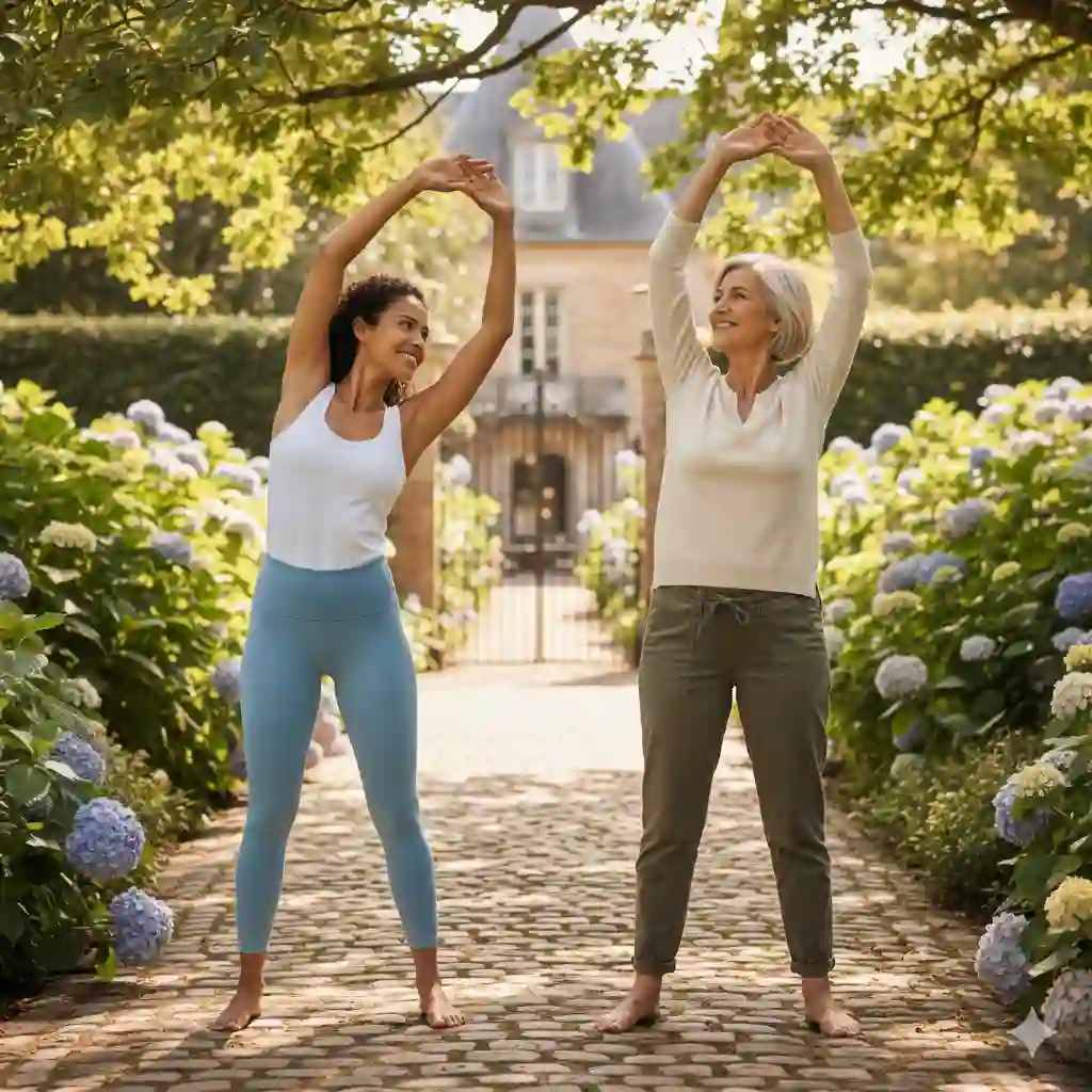 Two women, one older and one younger, stretching together outdoors in a gentle yoga pose, symbolizing vitality and joy.