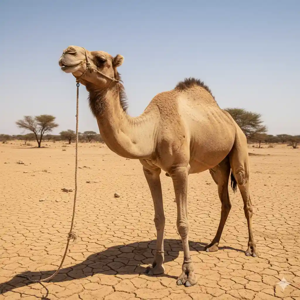 A large camel standing alone, tied tightly with a rope, clearly agitated and distressed under direct, bright sunlight. Focus on the signs of heat stress.