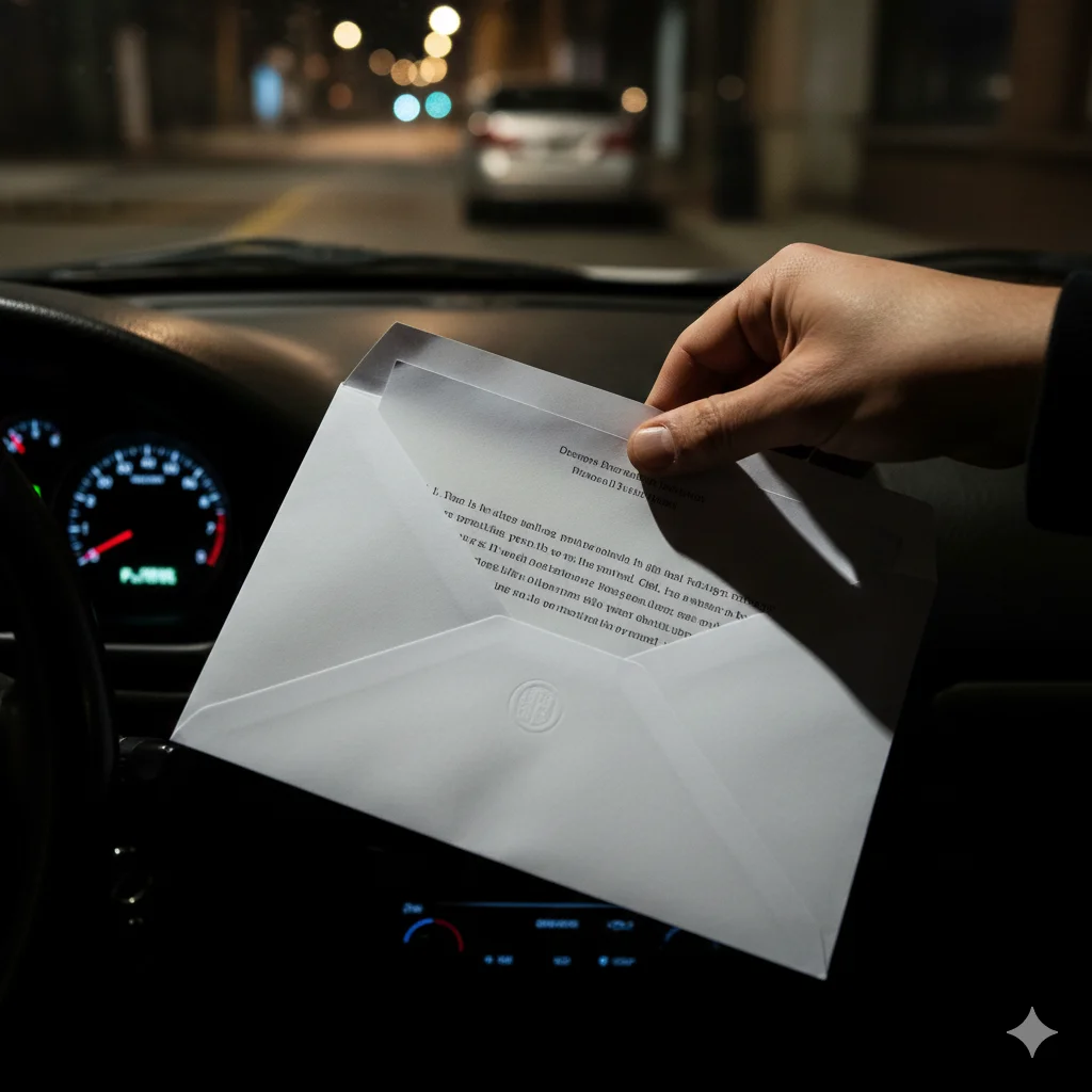 A hand opening a white envelope in a car