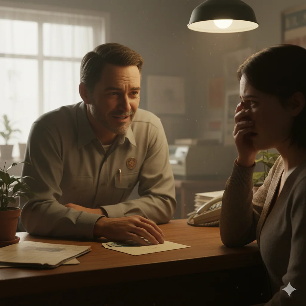 A cinematic photo of a store manager speaking gently to a younger person in a back office, both looking emotional.