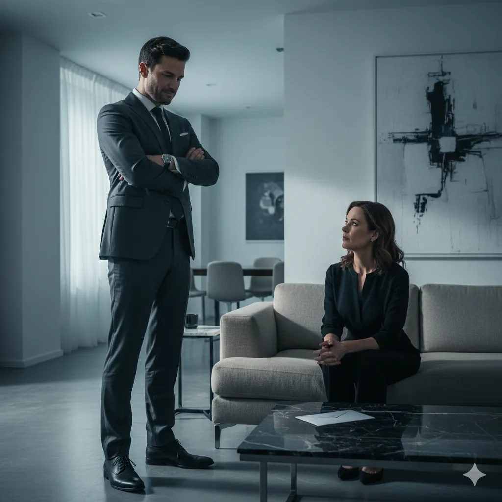 An arrogant husband standing over his wife during an argument in a luxury home