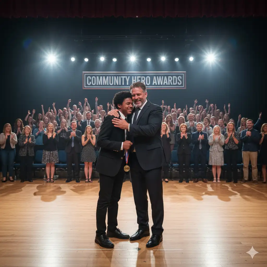 A crowded school auditorium stage. A teenage boy in a blazer is tearfully hugging a proud man (his adoptive father) while holding a medal.