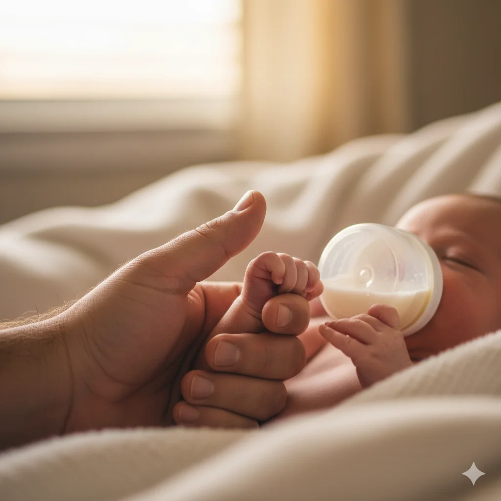 A close-up shot of a baby's tiny hand with trembling fingers gripping the thumb of a large man. The baby is latched onto a bottle.