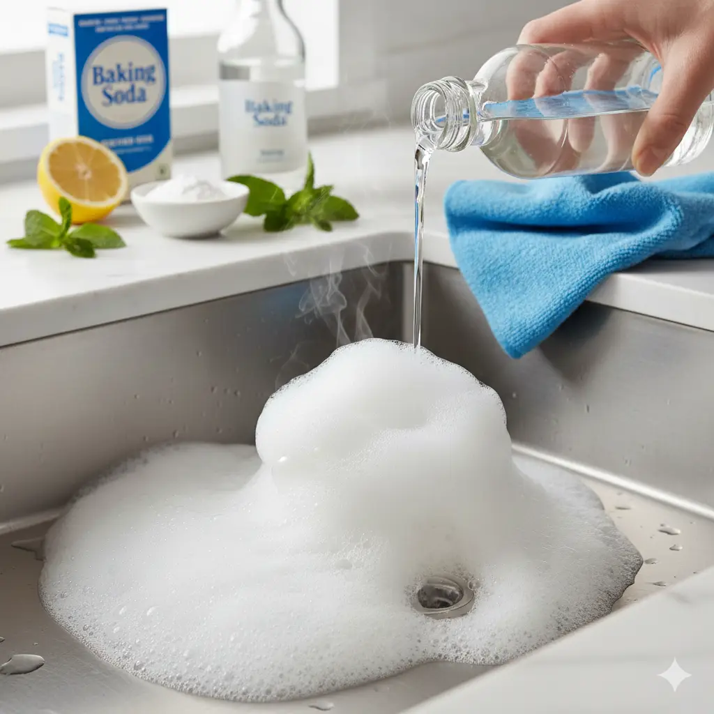 Stainless steel sink with white foam fizzing in the drain from baking soda and vinegar.