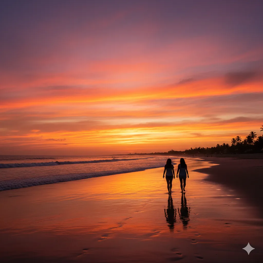 Two women walking on a beach at sunset