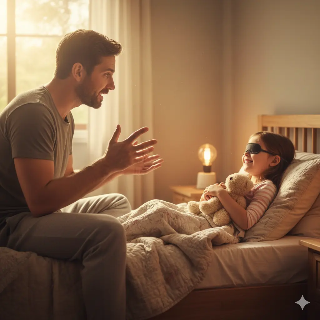 Father narrating a story to his blind daughter