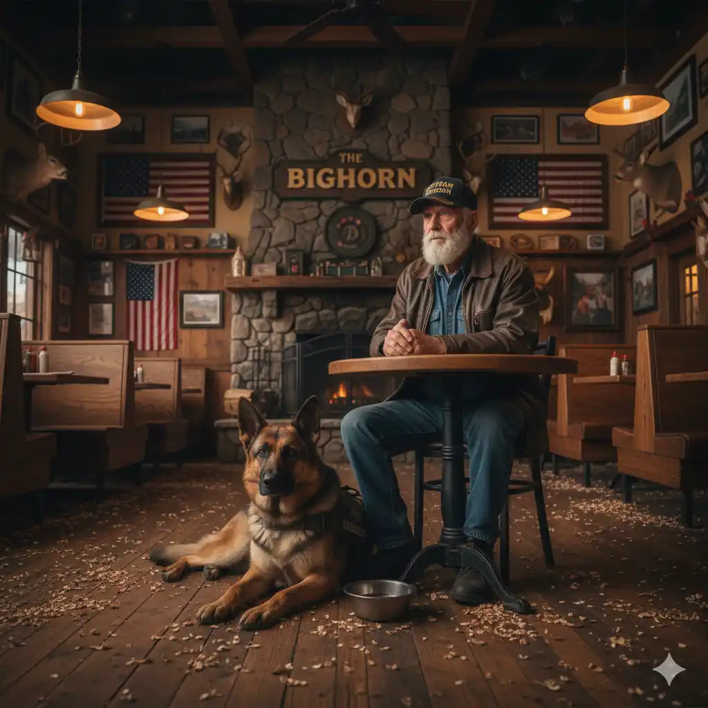 An old Vietnam veteran sitting with his military service dog in a rustic steakhouse