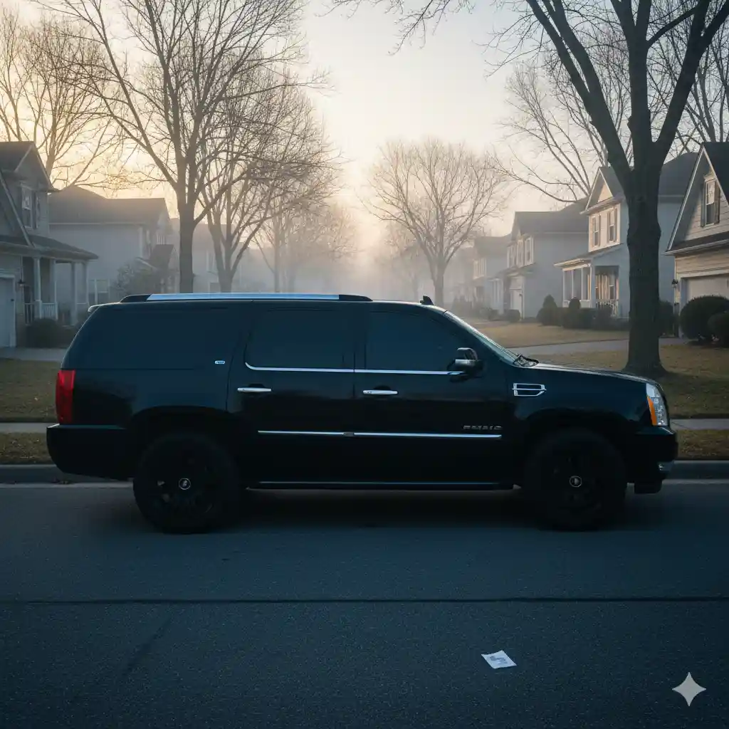 A large, imposing black luxury SUV with heavily tinted windows parked mysteriously on a quiet, average suburban street in the early morning light.