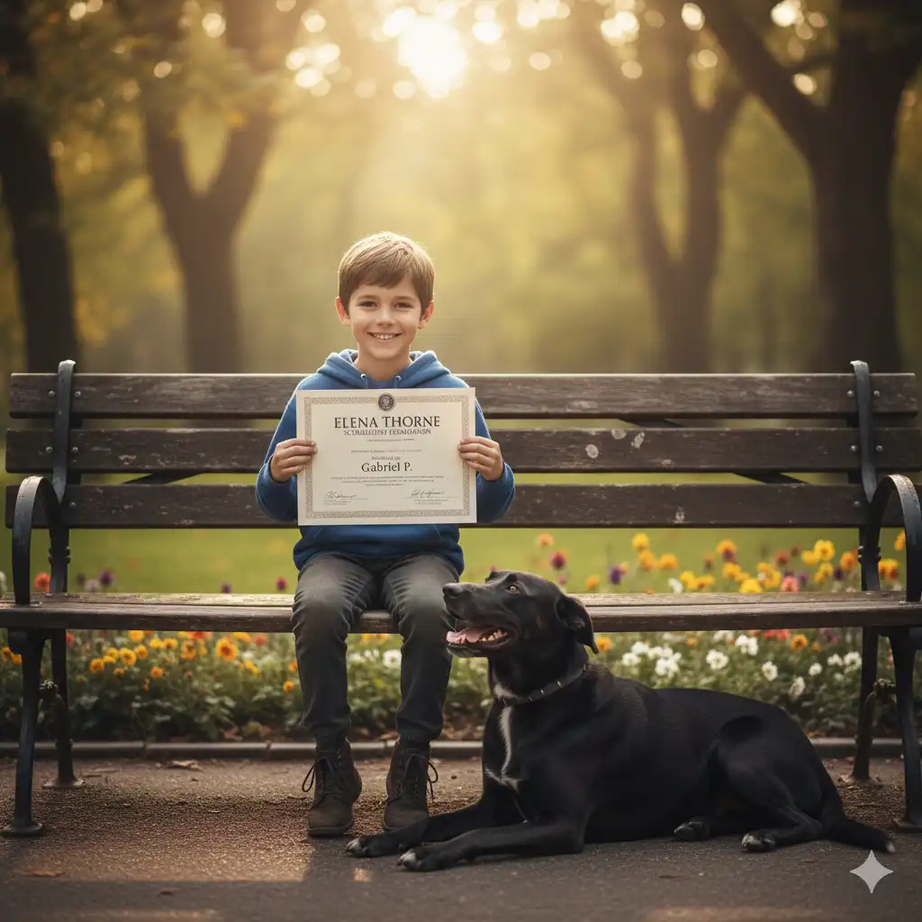 A boy (Gabriel) happily sitting with a large black dog (Thor) at his feet, holding a scholarship certificate.