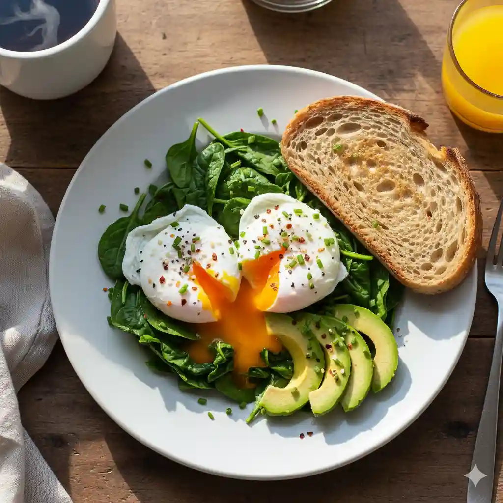 A healthy breakfast plate with poached eggs and avocado