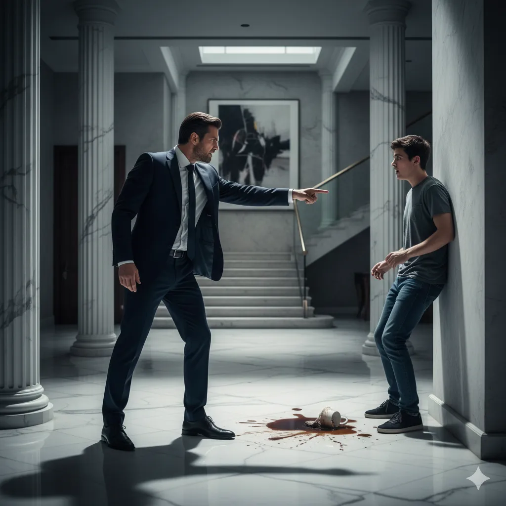 A dramatic indoor scene inside a lavish foyer of a mansion. Lucas, the older brother, stands tall with cold fury, pointing toward his younger brother, Adrian, who is backed up against a wall, coffee spilled on the floor, looking terrified and caught.