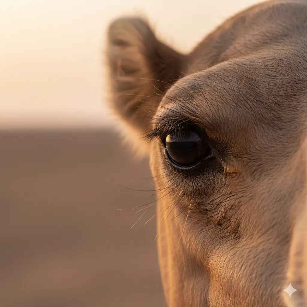 A thoughtful, close-up image of a camel's eye, showing intelligence and sensitivity, emphasizing that they are emotional creatures, not just machines.