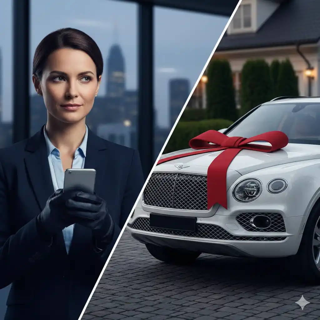A woman looking determined while holding a phone next to a luxury car