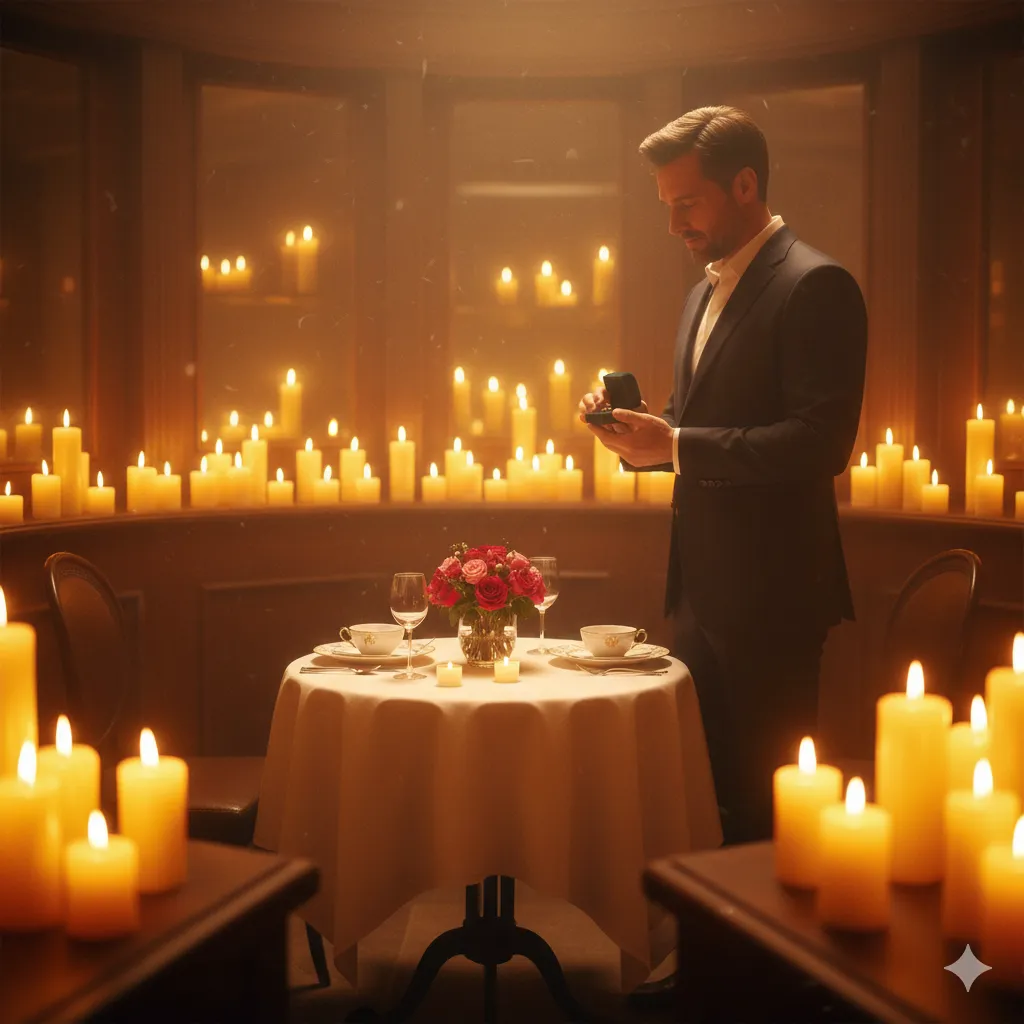 A man standing in a candlelit room holding a small velvet box.