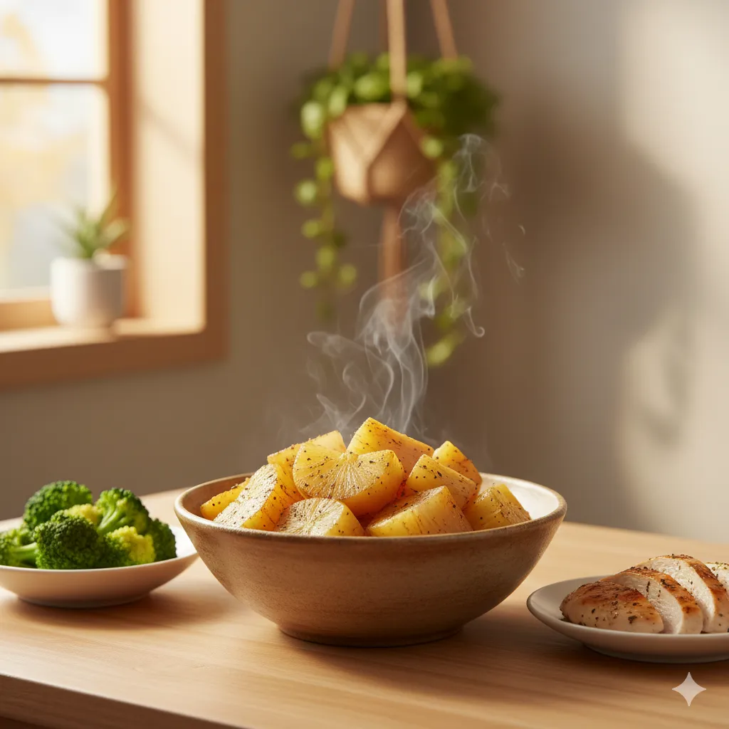 A bowl of perfectly cooked, tender cassava next to a portion of healthy protein and vegetables.