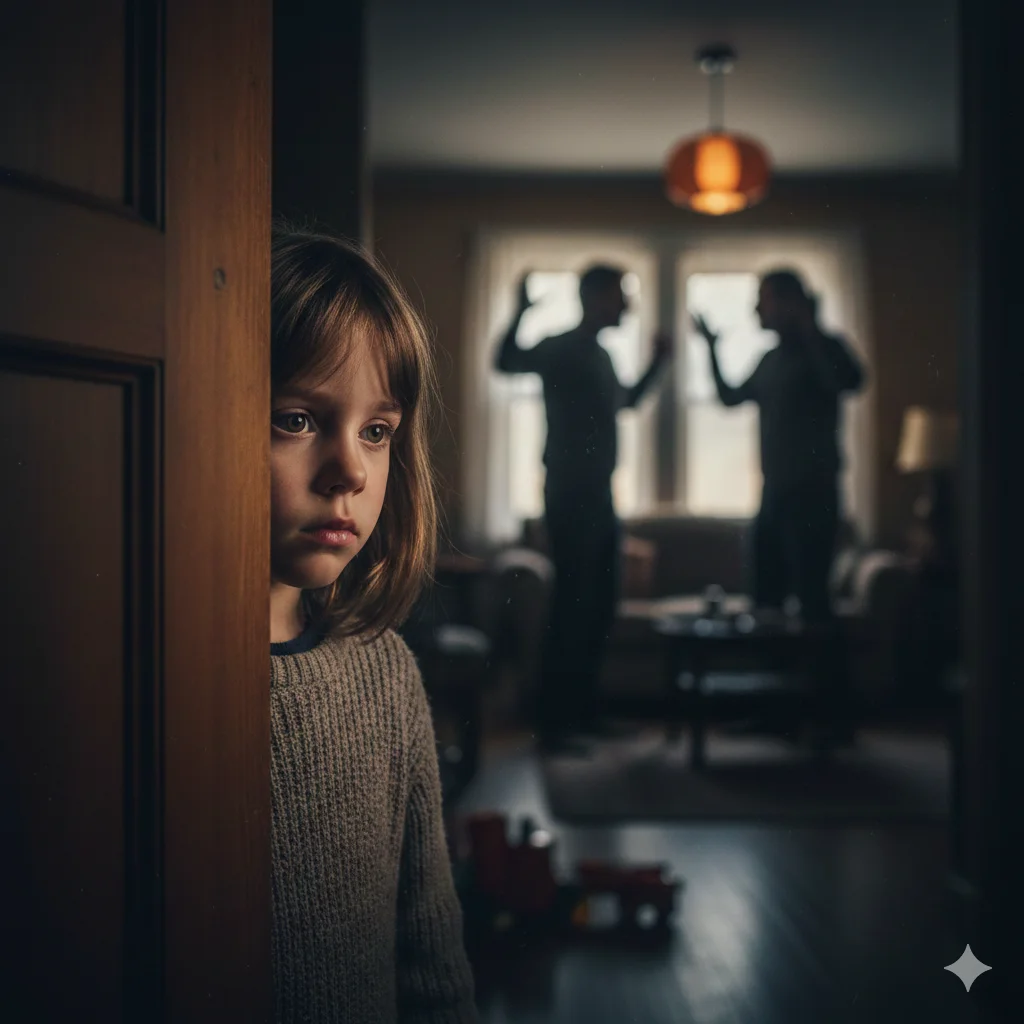 A six-year-old girl in the foreground, looking into a room where two adult silhouettes are arguing.