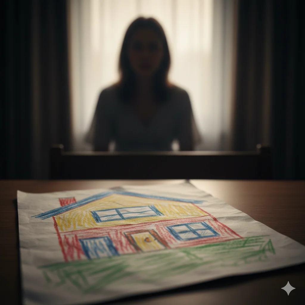 A close-up shot of a crayon drawing of a two-story house with a prominent window. Next to it, a blurred image of an anxious mother looking out a real window at the house across the street.