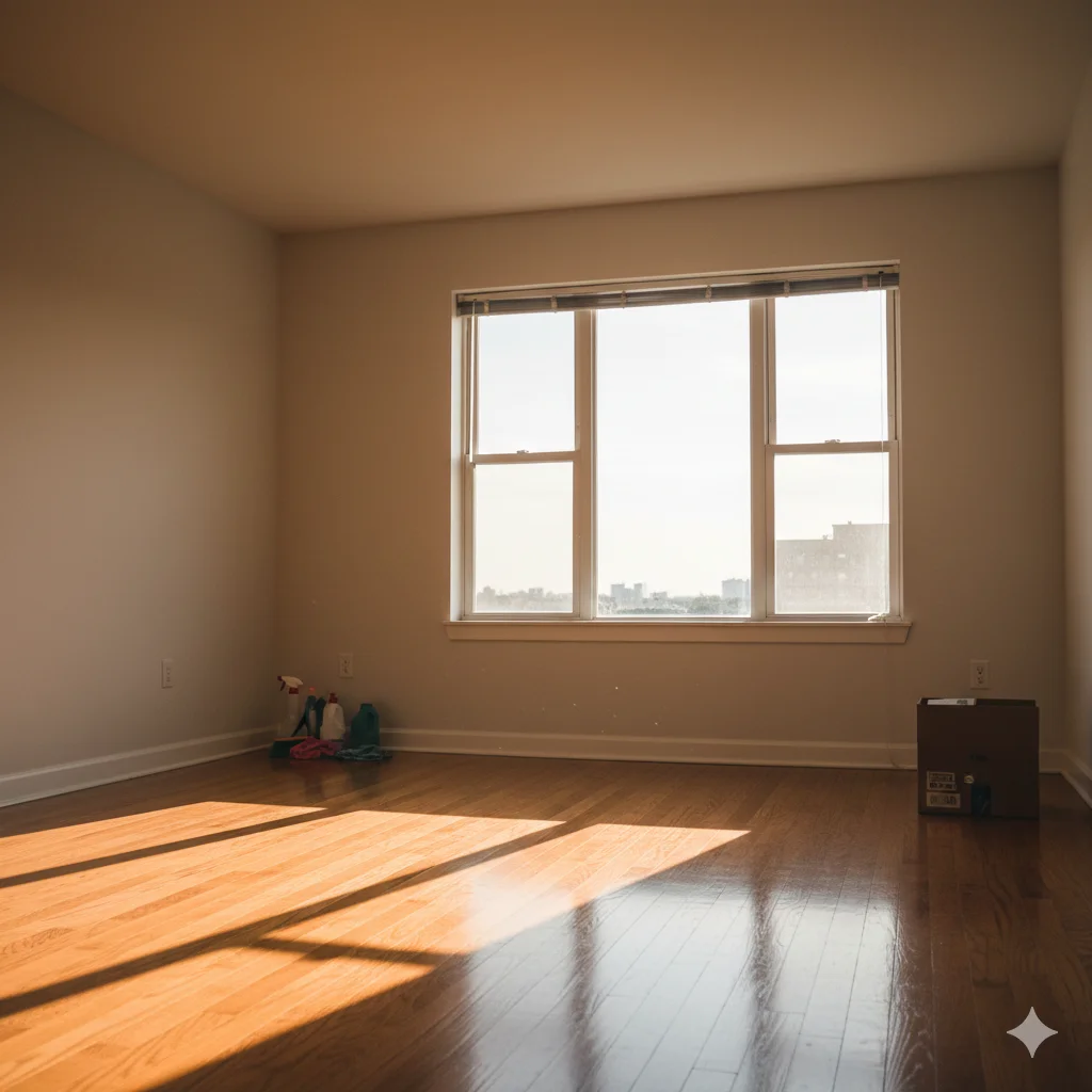 A sunlit, empty, and extremely clean apartment room.