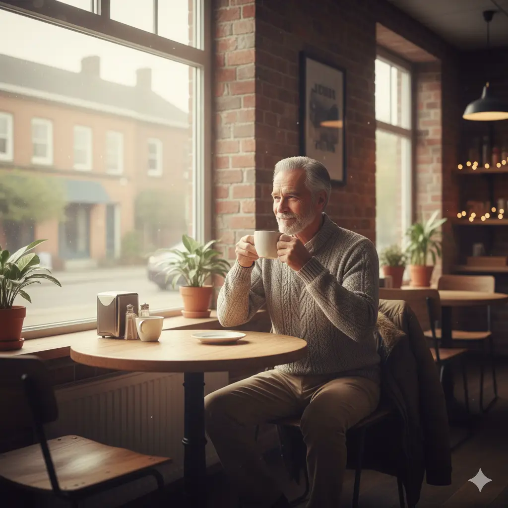 A retired person sitting by a café window holding a warm coffee.