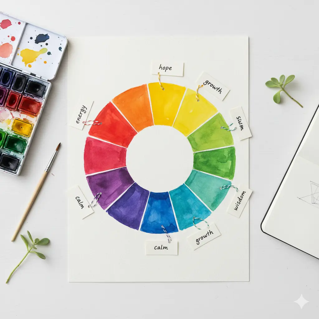 A color wheel with artistic swatches arranged in a circle on a clean desk