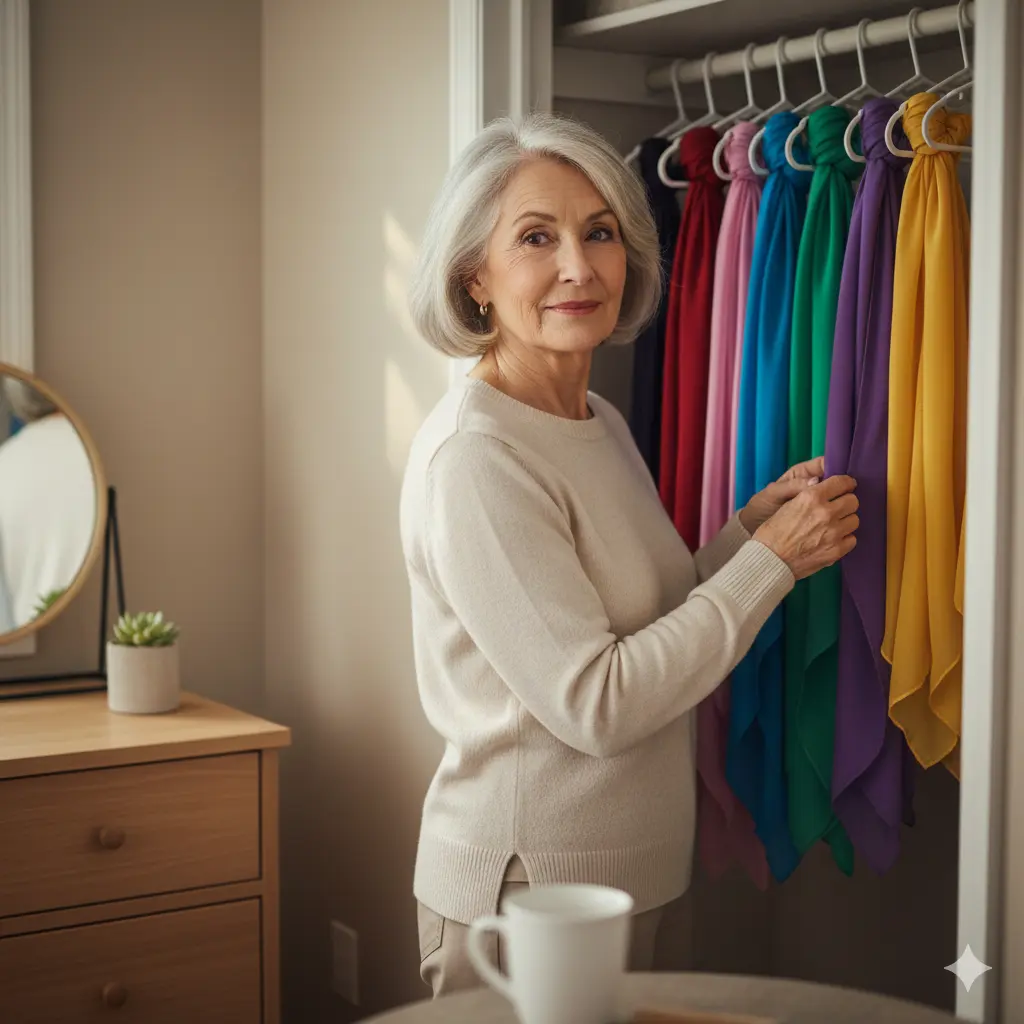 An older adult choosing colorful scarves in soft morning light