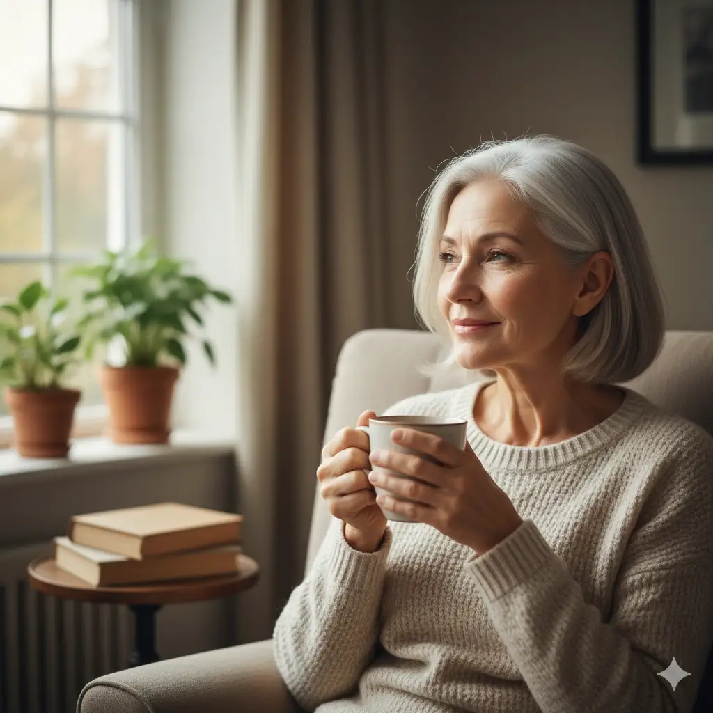 A serene woman in her 60s looking thoughtfully out a window with soft light, symbolizing confidence and health.