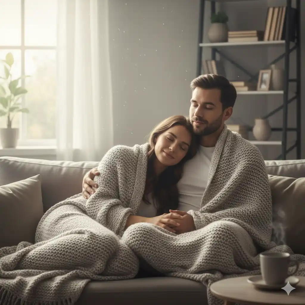 A couple embracing in a warm, dimly lit room