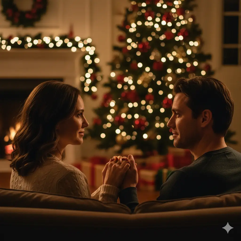 A couple holding hands in front of a Christmas tree