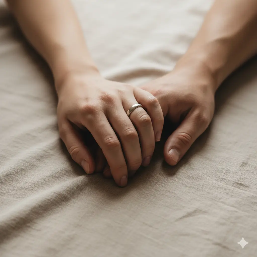 Close up of a couple holding hands softly