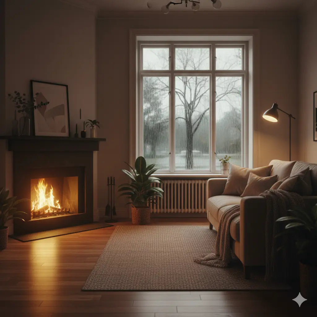 A warm, cozy, and peaceful living room with a fireplace glowing.