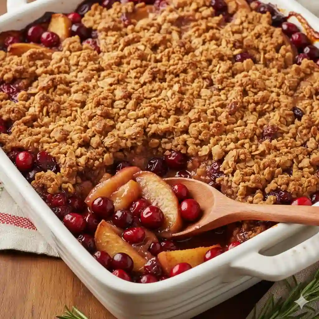 A close-up overhead shot of a warm, bubbly Cranberry Apple Casserole in a white 9x13 inch baking dish. The edges show thickened, syrupy red juices and softened, golden brown apples. A wooden spoon is resting in the casserole.