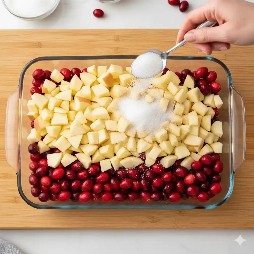 A step-by-step image showing the layering process of a casserole. The image focuses on a glass baking dish where fresh red cranberries form the bottom layer, topped by evenly scattered chopped apples. Granulated white sugar is being sprinkled over the fruit.