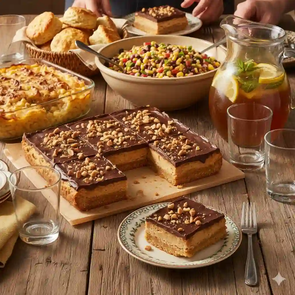 A delicious Southern dessert on a table with other potluck dishes.